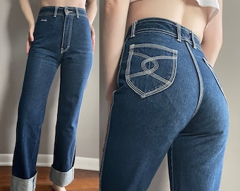 80s French Denim Jeans Chardón // 70s Paris High Waist Dark Wash Contrast Stitch Straight Leg Pants // XS 24