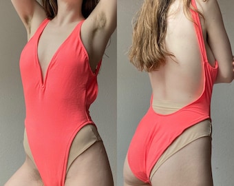 デッドストック 80年代 90年代 セクシー ディーププランジ ハイカット ワンピース水着 ネオンオレンジ // S M