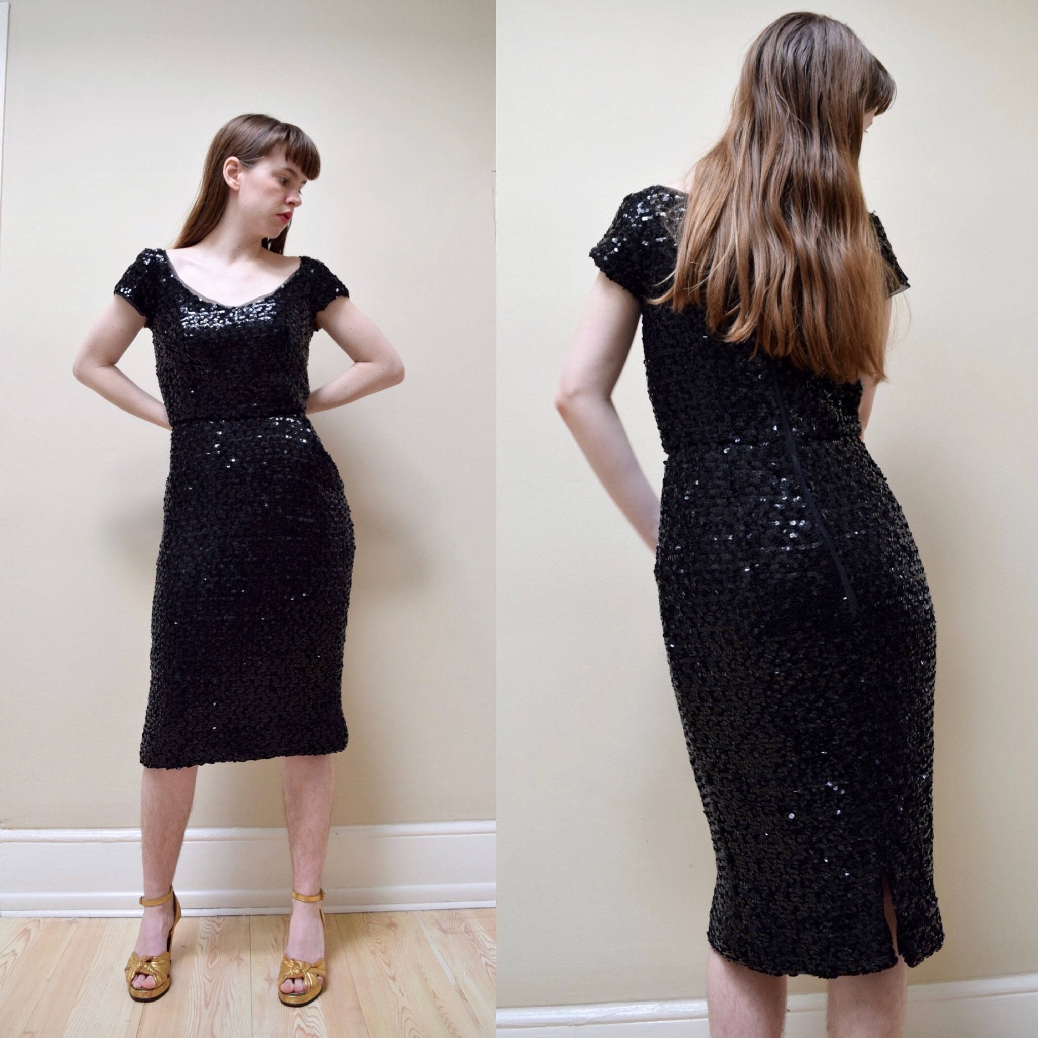 50s Peggy Hunt Bombshell Knit Sequin Dress // VLV Little Black | Etsy