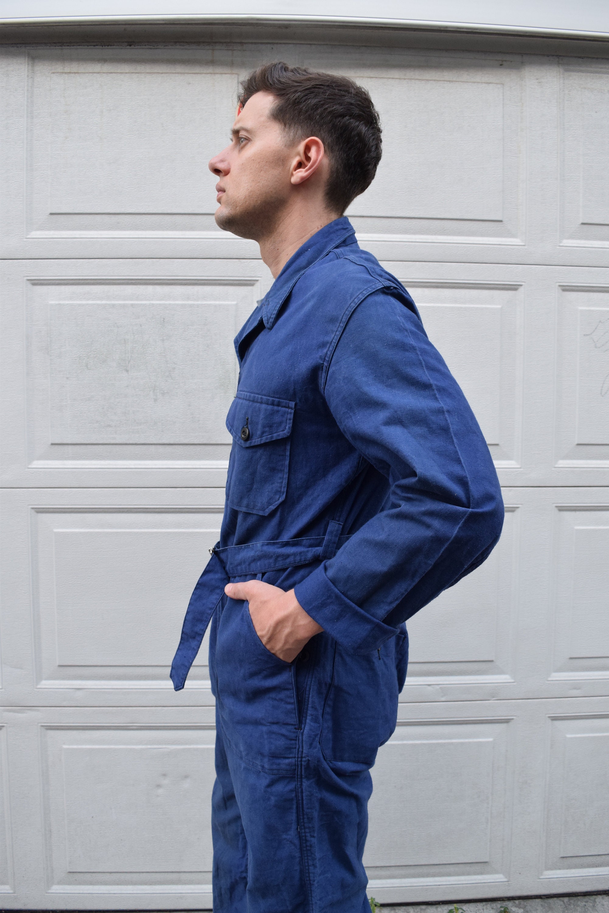 40s 50s Jumpsuit French Workwear Blue Belted Coveralls // Rare
