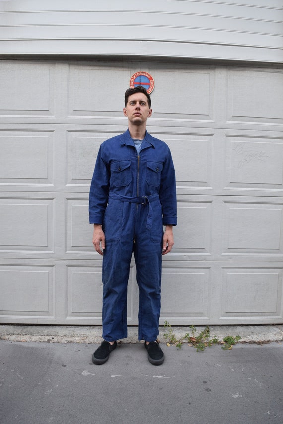 40s 50s Jumpsuit French Workwear Blue Belted Coveralls 40s 50s Jumpsuit French Workwear Blue Belted Coveralls