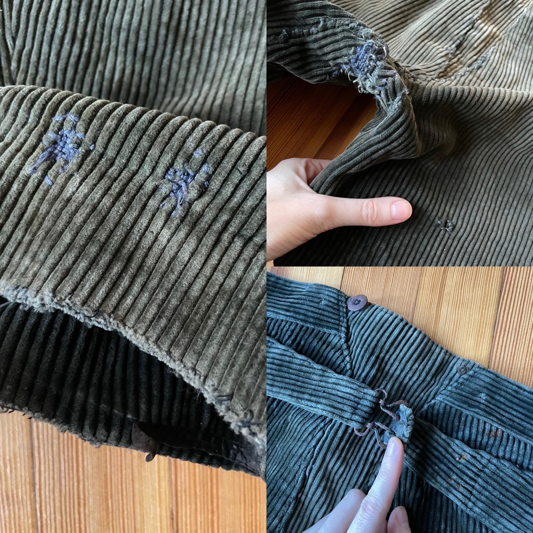 30s French Corduroy Buckle Back Pants Workwear Heavy Patched
