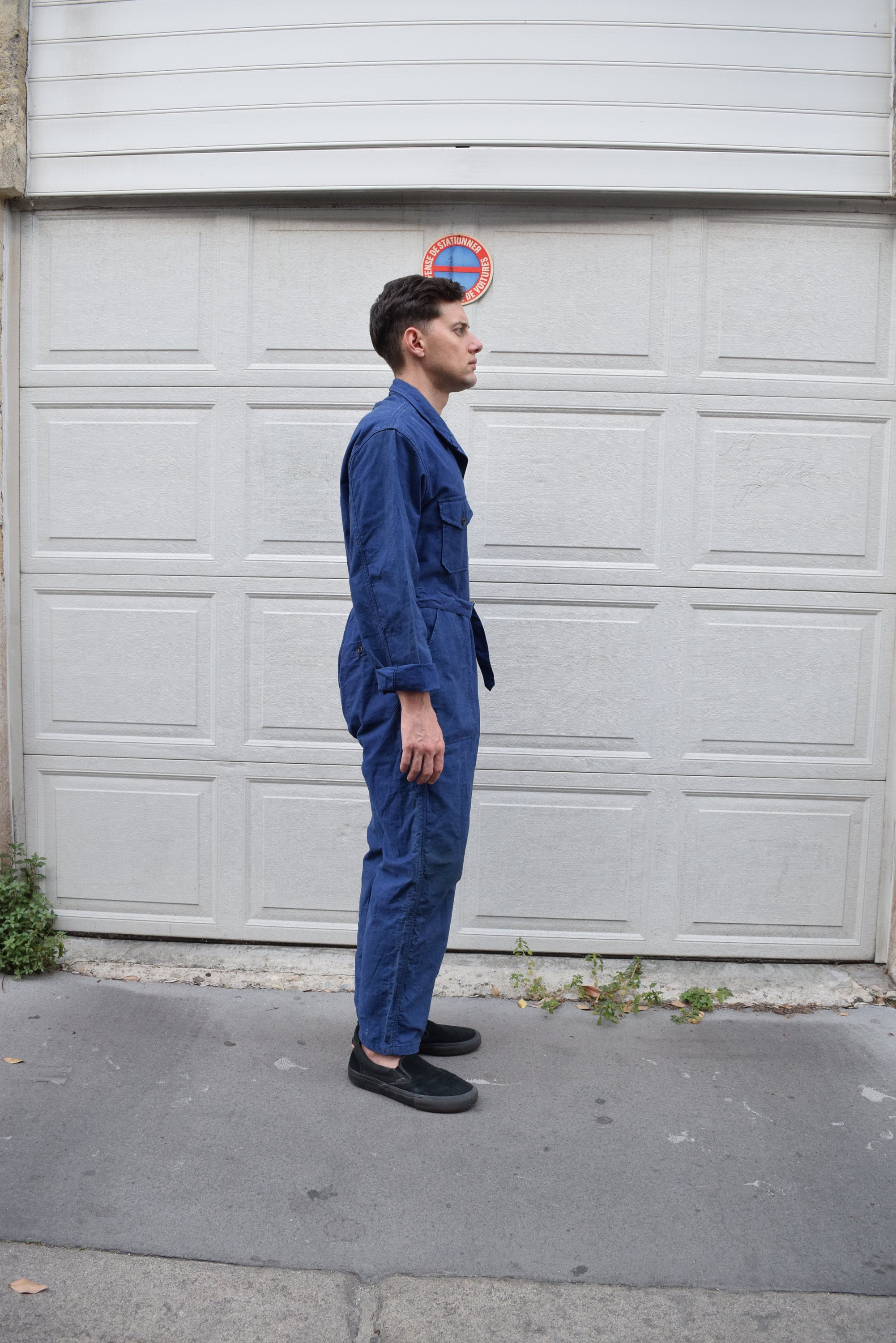 40s 50s Jumpsuit French Workwear Blue Belted Coveralls // Rare