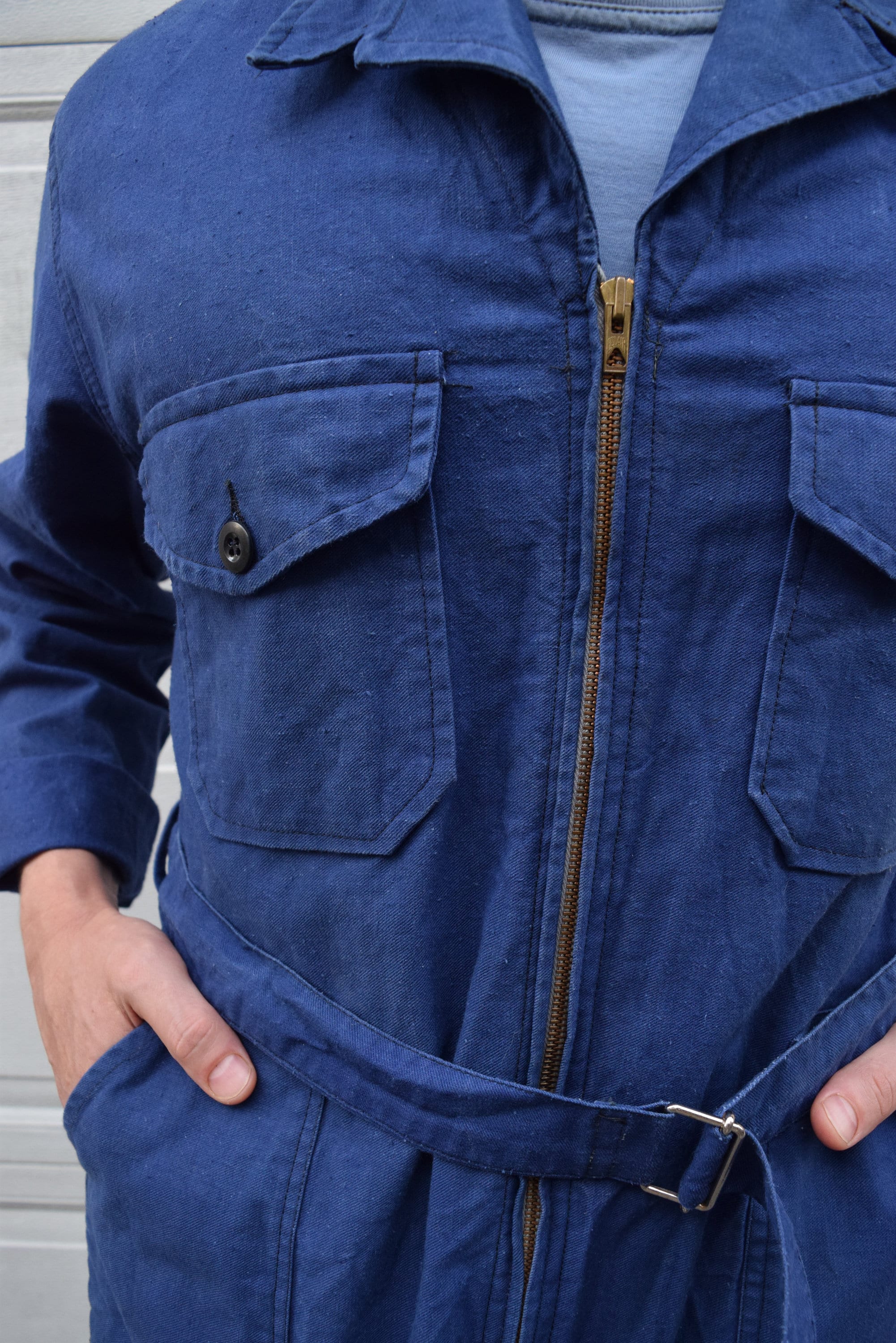 【Rare】 50s French Hospital Coverall 40s 50s Jumpsuit French Workwear Blue Belted Coveralls // Rare