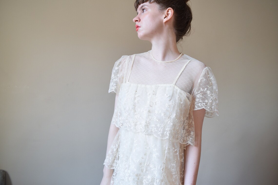 70s Does 20s Tiered Embroidered Lace Dress // Deco Floral - Etsy