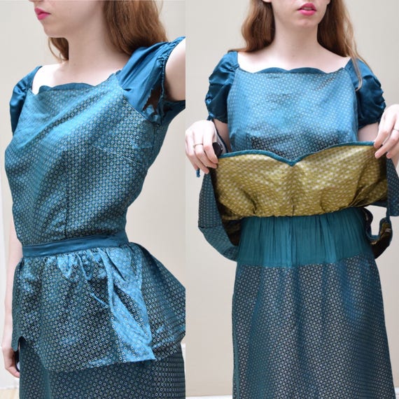 As-Is 40s Silk Brocade Peplum Party Dress / Merma… - image 3