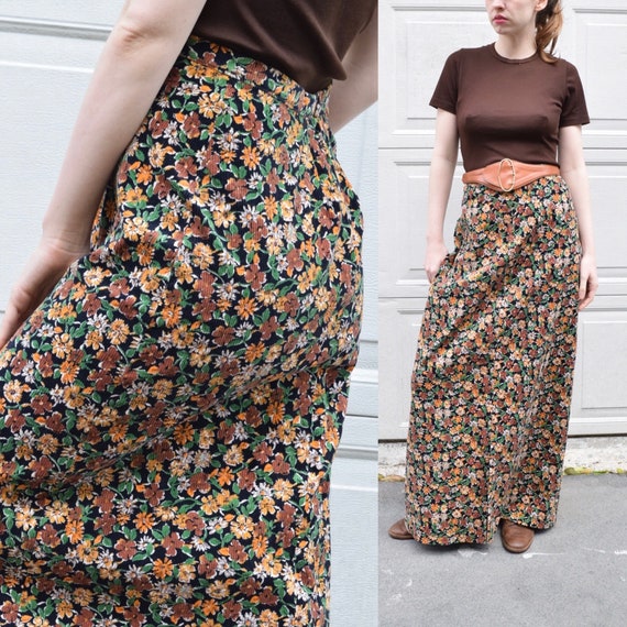 70s French Corduroy High Waist Floral Maxi Skirt S