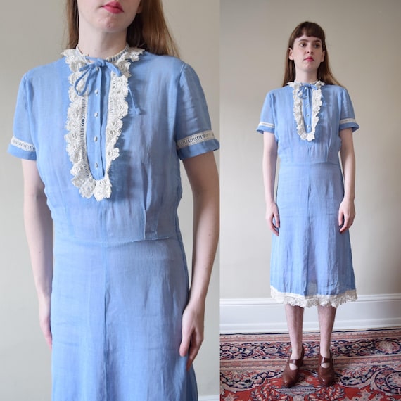 40s Cornflower Linen and Lace Dress // XS S