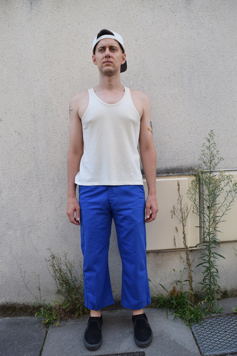 80s French Workwear Blue Pants Traditional Sanforized Cotton Bleu de Travail Indigo Cropped Straight Leg Button Fly 31x25 S M