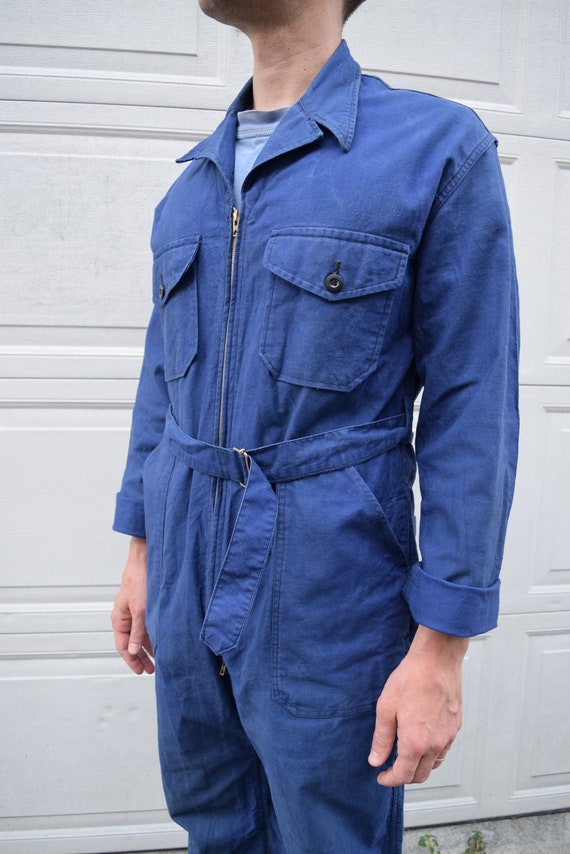 40s 50s Jumpsuit French Workwear Blue Belted Coverall… - Gem