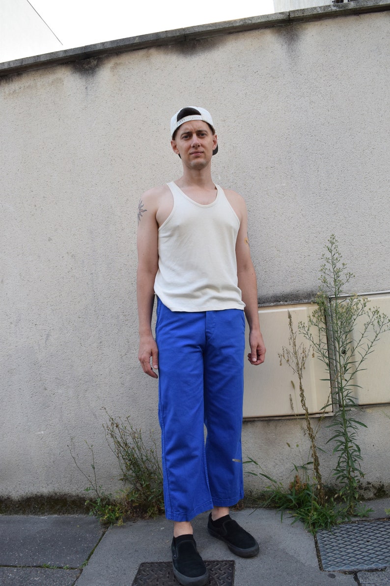 80s French Workwear Blue Pants Traditional Sanforized Cotton Bleu de Travail Indigo Cropped Straight Leg Button Fly 31x25 S M