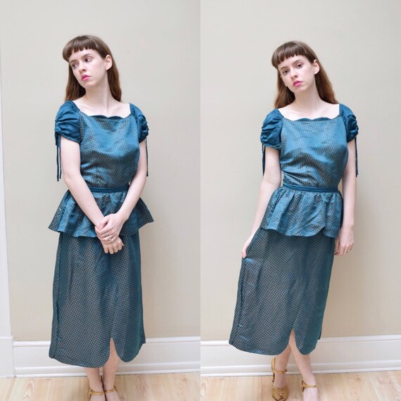 As-Is 40s Silk Brocade Peplum Party Dress / Merma… - image 2