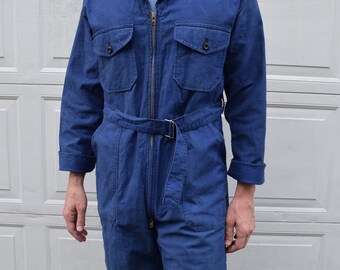 40s 50s Jumpsuit French Workwear Blue Belted Coveralls // Rare