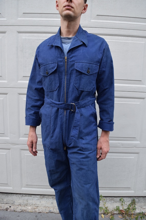 40s 50s Jumpsuit French Workwear Blue Belted Cove… - image 7