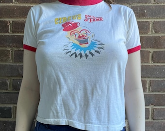 60s Ringling Bros Ringer Circus Tee Baby Tee Cotton Novelty Cropped White Shirt 70s 50s / S M