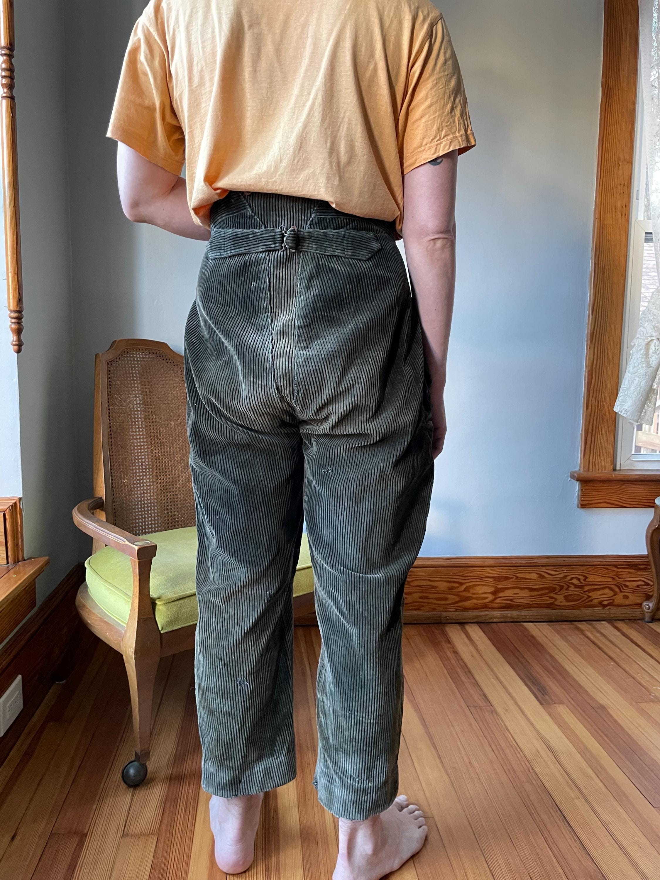 30s French Corduroy Buckle Back Pants Workwear Heavy Patched