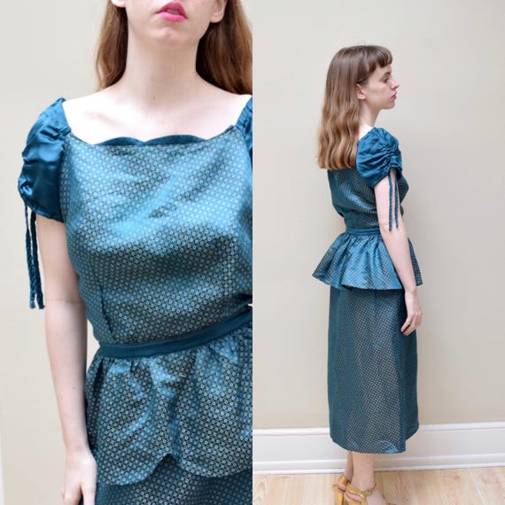 As-Is 40s Silk Brocade Peplum Party Dress / Merma… - image 1