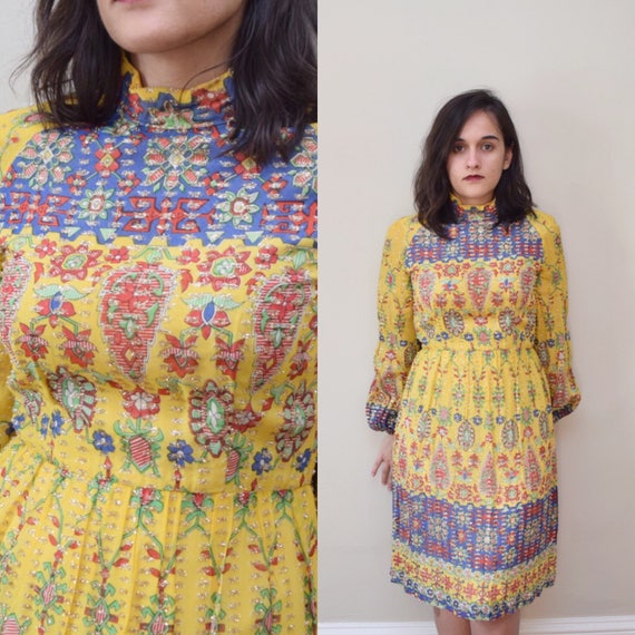 60s 70s Tinsel Turtleneck Poet Sleeve Party Dress