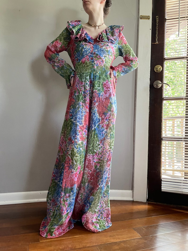 60s Watercolor Print Maxi Dress // Ruffled Floral Sheer Cotton - Etsy
