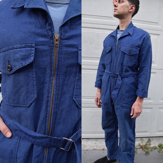 40s 50s Jumpsuit French Workwear Blue Belted Cove… - image 1