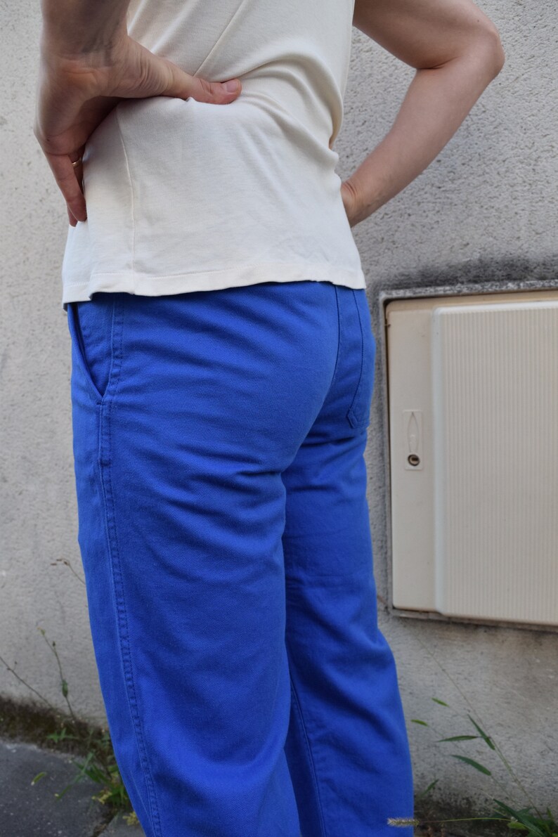 80s French Workwear Blue Pants Traditional Sanforized Cotton Bleu de Travail Indigo Cropped Straight Leg Button Fly 31x25 S M
