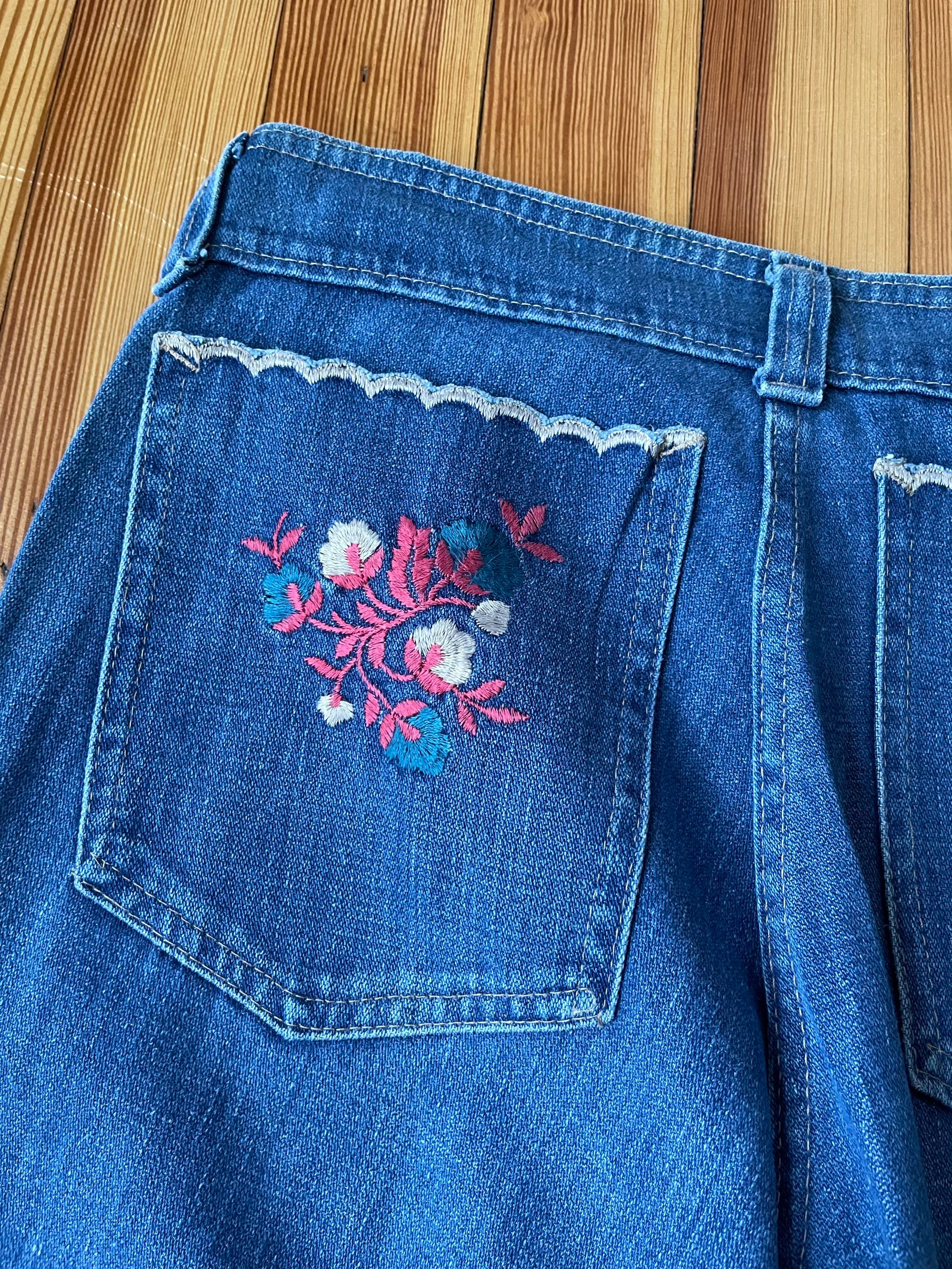 70s Denim Jeans Embroidered Floral Hippie Butt Pocket 70s Denim Jeans Embroidered Floral Hippie Butt Pocket
