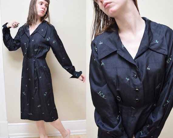 40s Silk Shirtwaist Dress // Button Down Novelty P