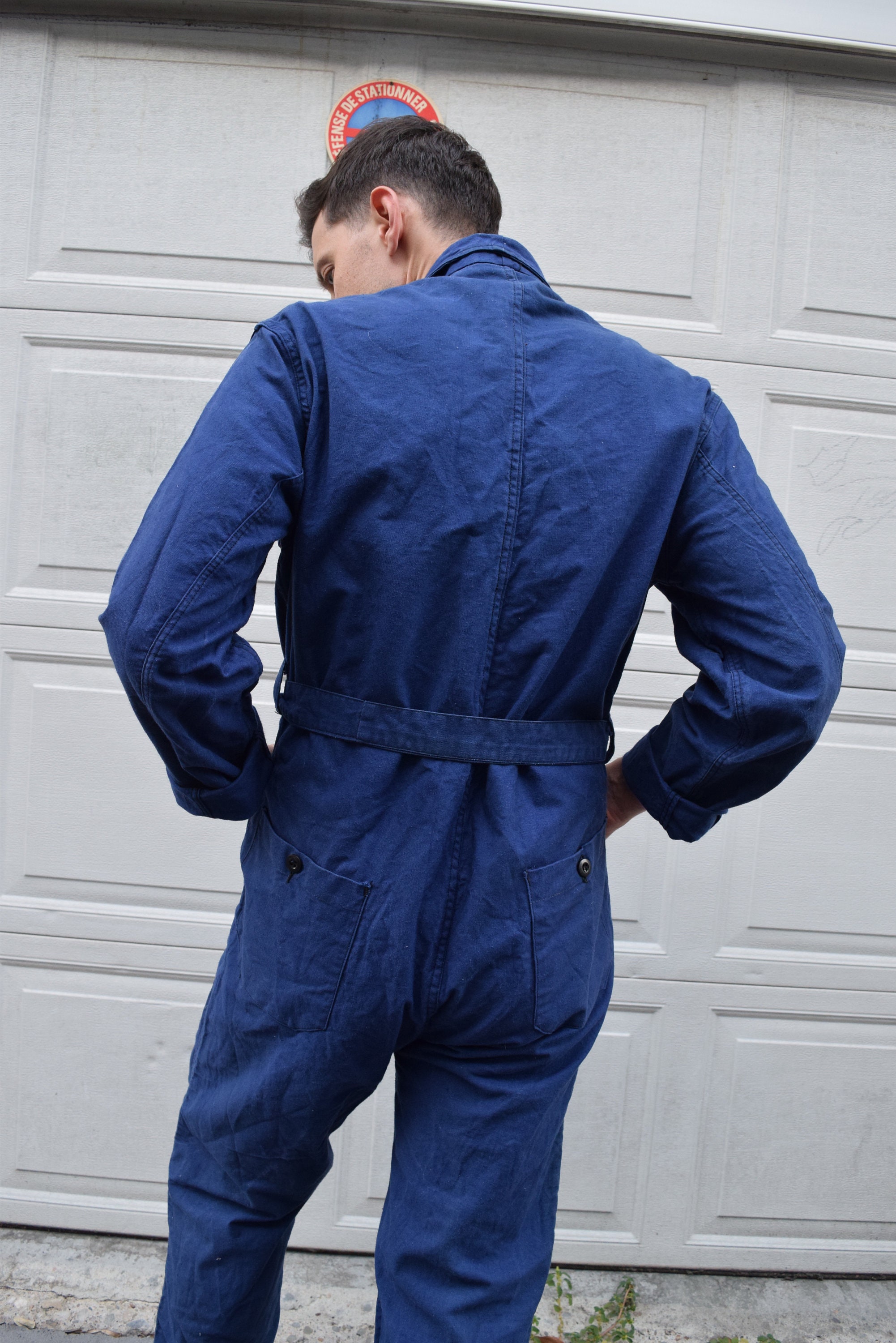 【Rare】 50s French Hospital Coverall 40s 50s Jumpsuit French Workwear Blue Belted Coveralls // Rare