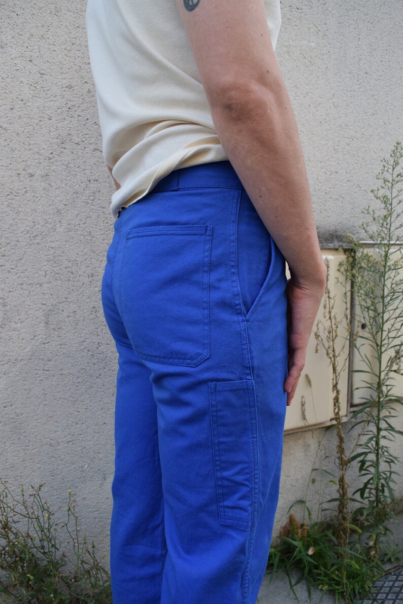 80s French Workwear Blue Pants Traditional Sanforized Cotton Bleu de Travail Indigo Cropped Straight Leg Button Fly 31x25 S M