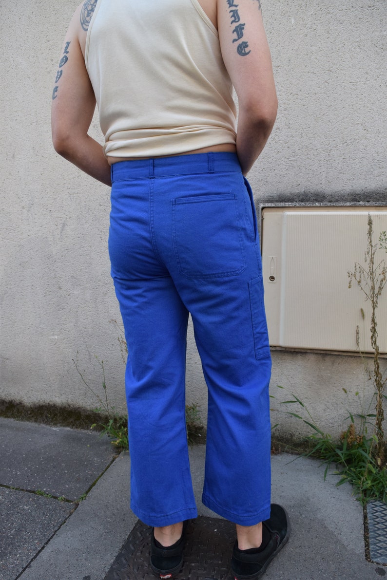 80s French Workwear Blue Pants Traditional Sanforized Cotton Bleu de Travail Indigo Cropped Straight Leg Button Fly 31x25 S M