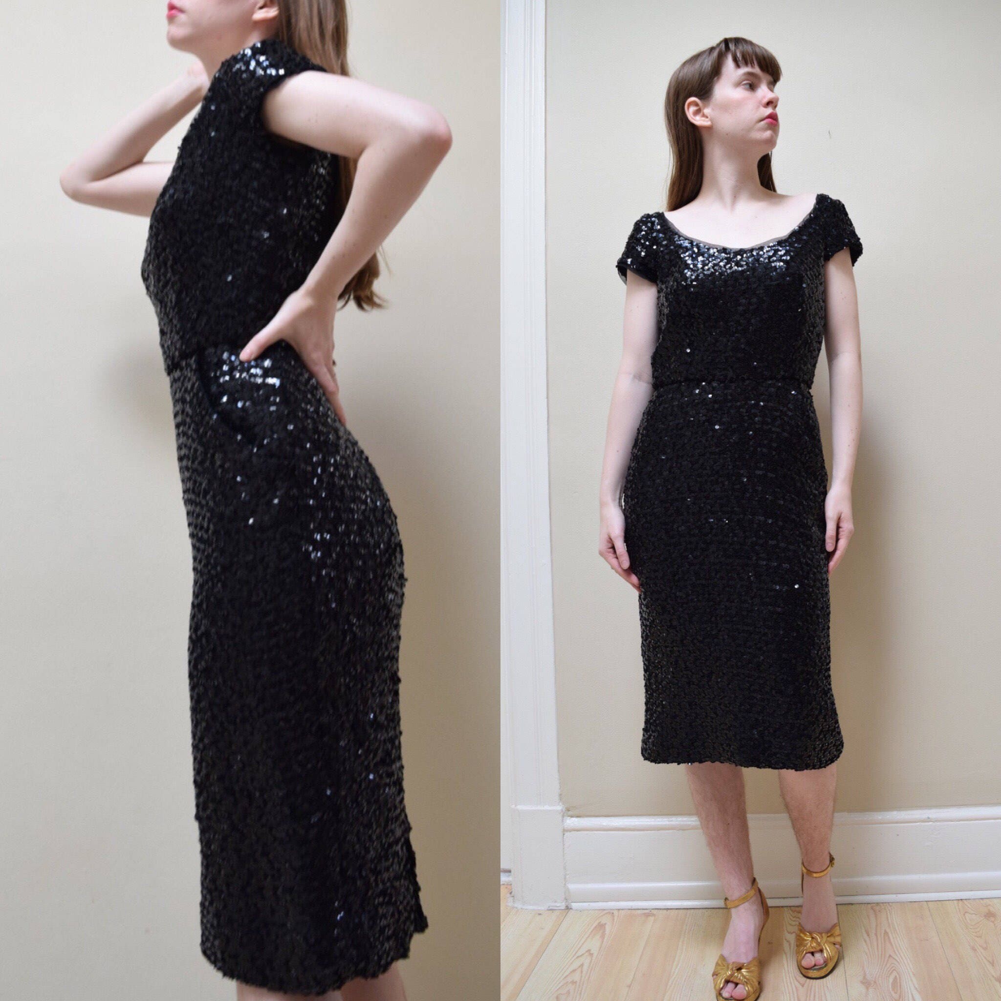 50s Peggy Hunt Bombshell Knit Sequin Dress // VLV Little Black | Etsy