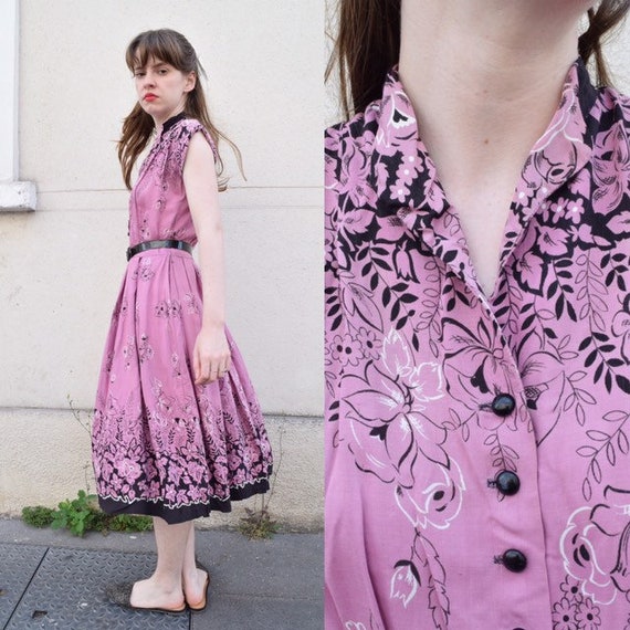 40s French Linen Floral Day Dress // Orchid Purple