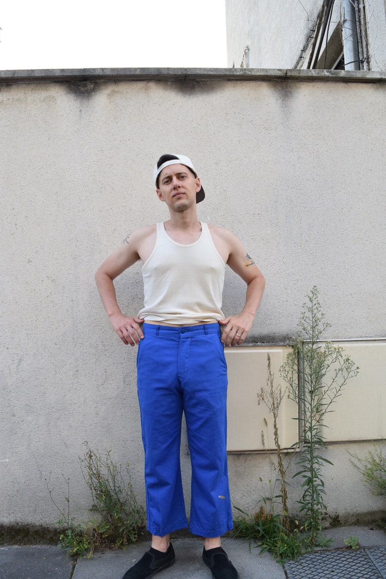80s French Workwear Blue Pants Traditional Sanforized Cotton Bleu de Travail Indigo Cropped Straight Leg Button Fly 31x25 S M