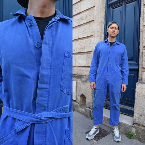 50s 60s French Workwear Blue Jumpsuit // Cotton Bl