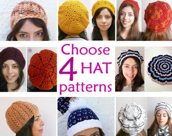 CHOOSE 4 hats crochet patterns, 1 pattern FREE. Easy to intermediate skill _ PGR0