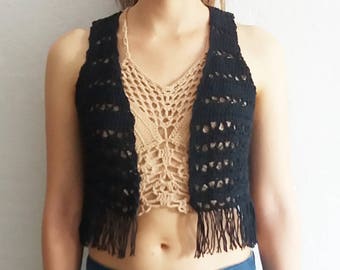 Fringed crop vest crochet pattern. Lacy crochet vest // The BAMBINA vest crochet pattern _ M64