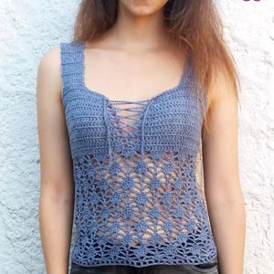 Lace up tank top crochet pattern. Lace sleeveless blouse // THALIA crochet top pattern _ M68