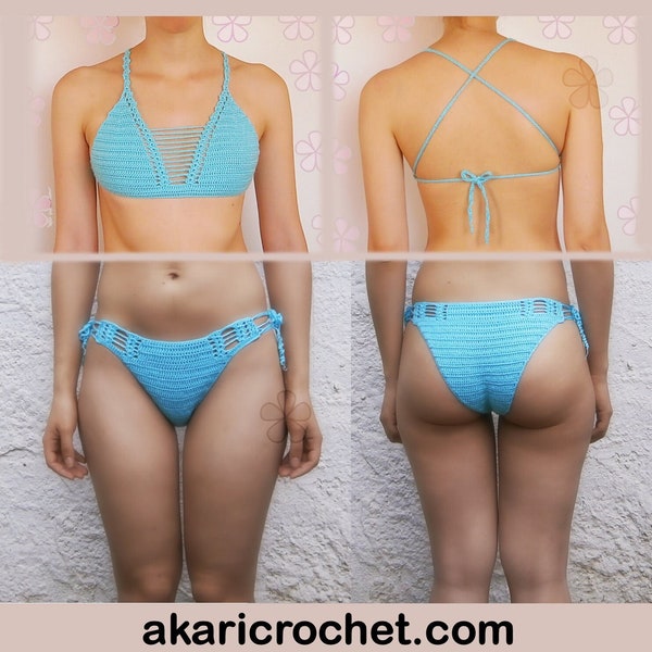 Crochet bikini pattern set. Triangle bikini top with sheer center + Bikini panty with see through detail // BLOSSOM crochet bikini _ M40M54