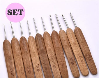 Set of 10 bamboo crochet hooks. Aluminum hooks and bamboo handles. Thin crochet hooks set.