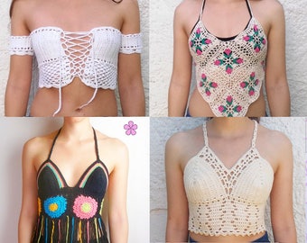 1 PATTERN FREE. 4 lacy crochet crop tops. Festival top crochet patterns. Instant download_ PCT5