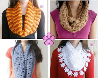 1 pattern FREE. 4 Crochet Circle Scarves Patterns. 2 lacy infinity scarves + Cowl with Snowflakes + Mini chevron ombré circle scarf _ PCS1