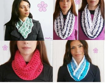 1 pattern FREE. 4 Crochet Cowls / Circle Scarves Patterns. 2 lacy cowls+ 1 mesh cowl+ 1 reversible circle scarf _ PCS3