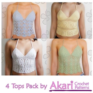 1 pattern FREE. 4 crochet tops. Top with granny squares+ 3 Lacy halter tops with corset back _ PTL1