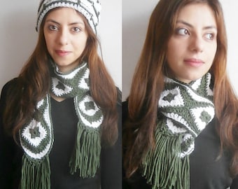 Crochet scarf with fringes made of granny squares pattern // ANASTASIA scarf Crochet Pattern _ M48