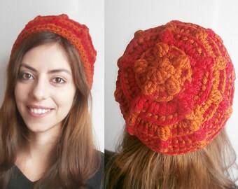 Post stitch textured beanie in 2 colors Crochet Pattern. Crochet hat for women pattern // PUFFY FLOWER beanie crochet pattern _ M46