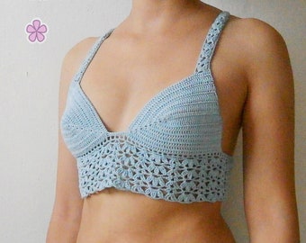 Lacy crochet bralette / crop top PDF pattern. Halter festival top with flowers at the bottom _ M27