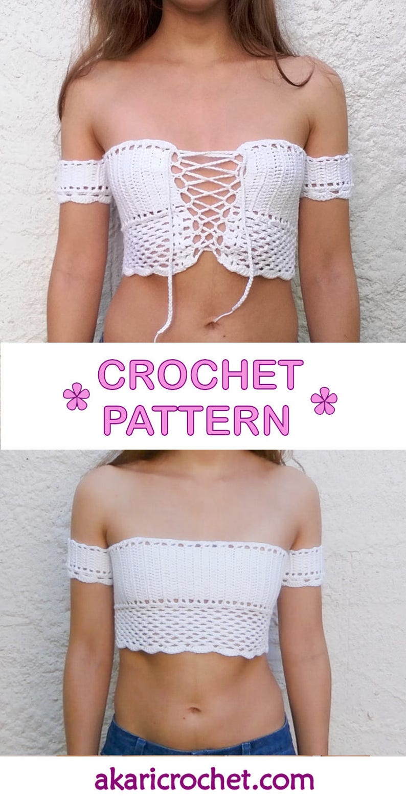 Off the shoulder lace up crochet top pattern // PETALS crop top crochet pattern _ M55 image 7