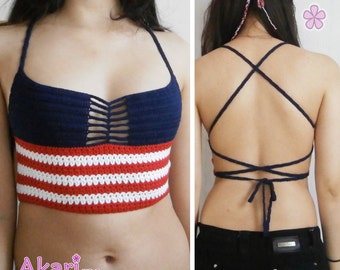 4th of July crop top crochet Pattern. American flag inspired open back top. Independence day top _ M19