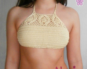 Square neck halter bikini top crochet PATTERN with lacy pineapple motif at the top _ C20