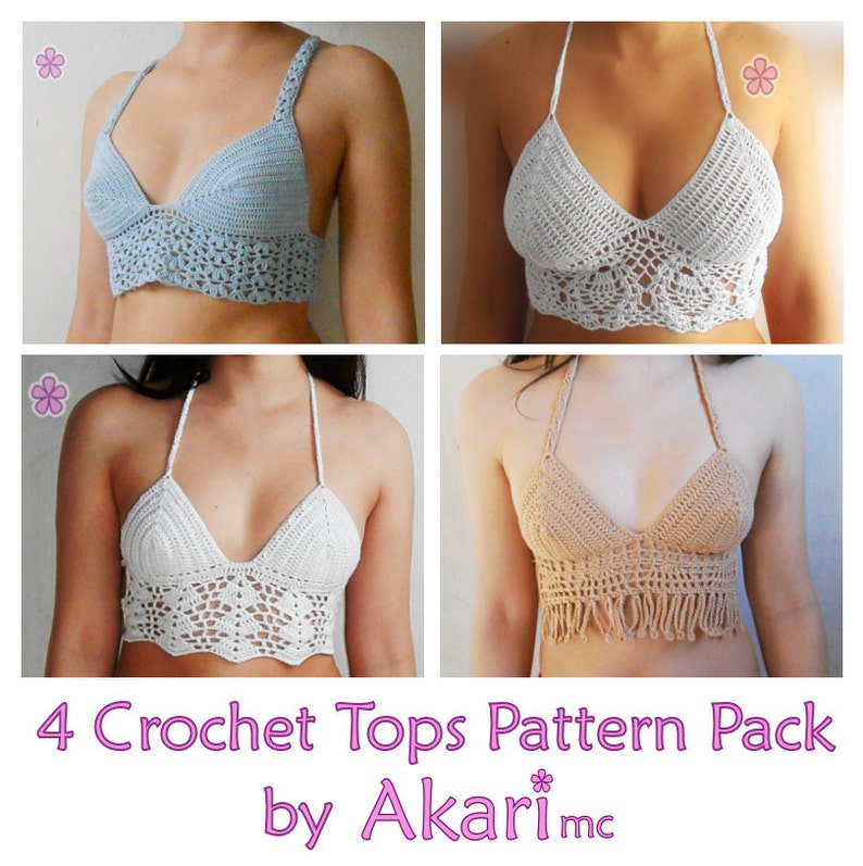 1 PATTERN FREE. 4 crochet crop tops. 3 lacy tops + 1 fringed top Crochet Pattern Pack. Instant download_ PCT2 